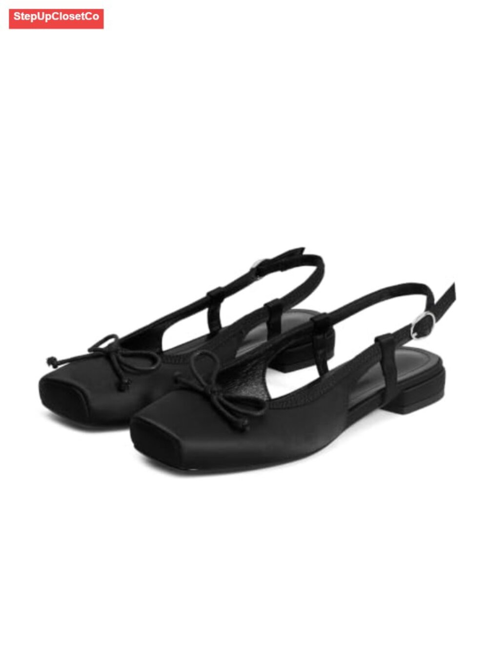 Women's Slingback Ballet Flats Square Toe Chunky Low Heel Bow Detail